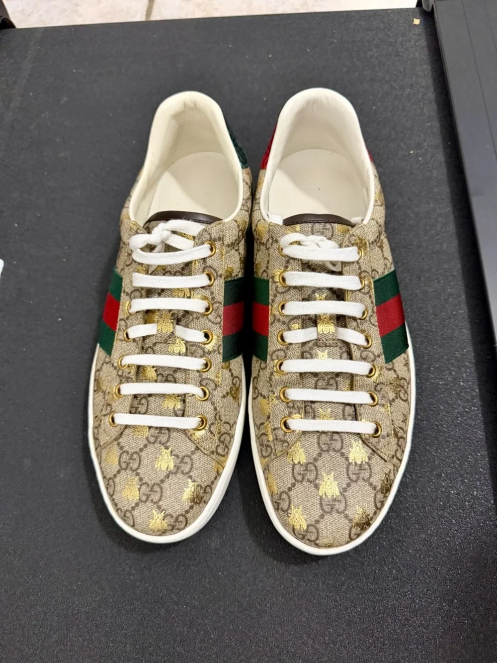 Gucci Beige Monogram Ace Sneaker with Green & Red Web